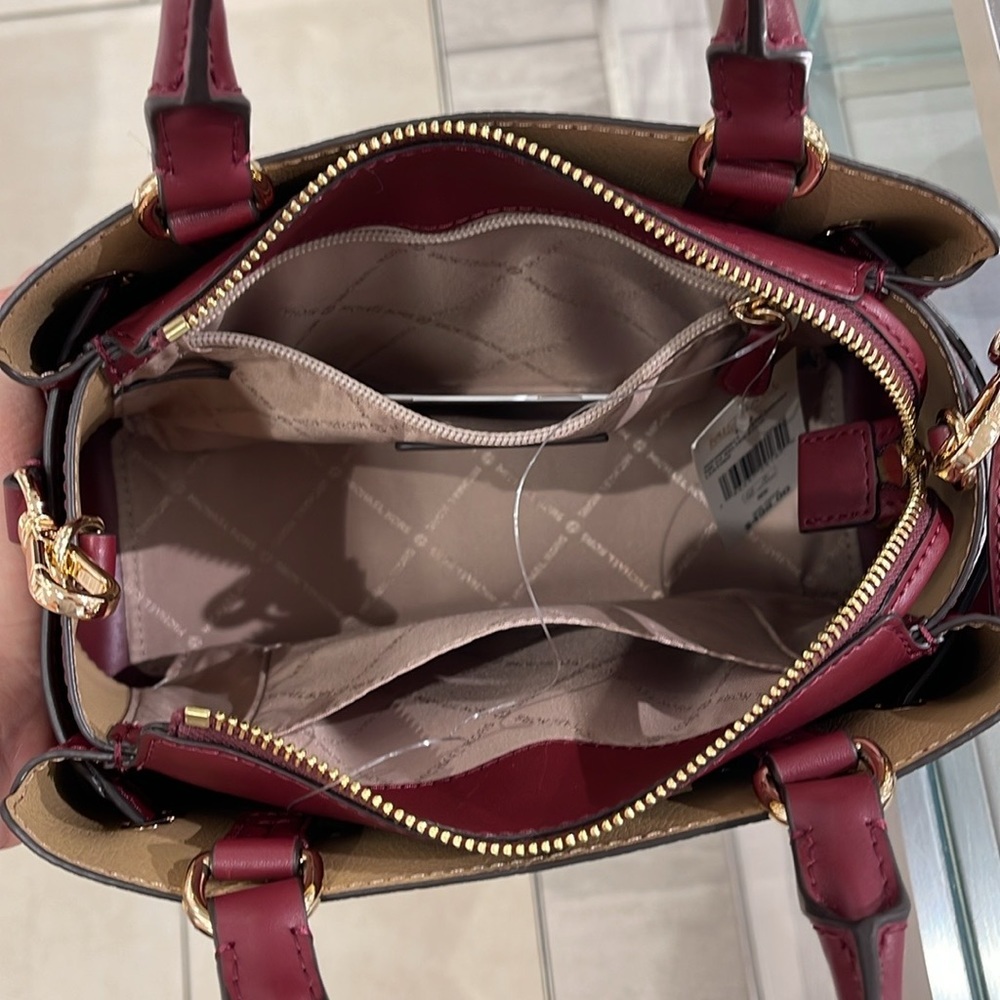 Michael Kors Reed Small Dark Cherry Leather Center Zip Belted Satchel Bag Purse - Picture 7 of 16